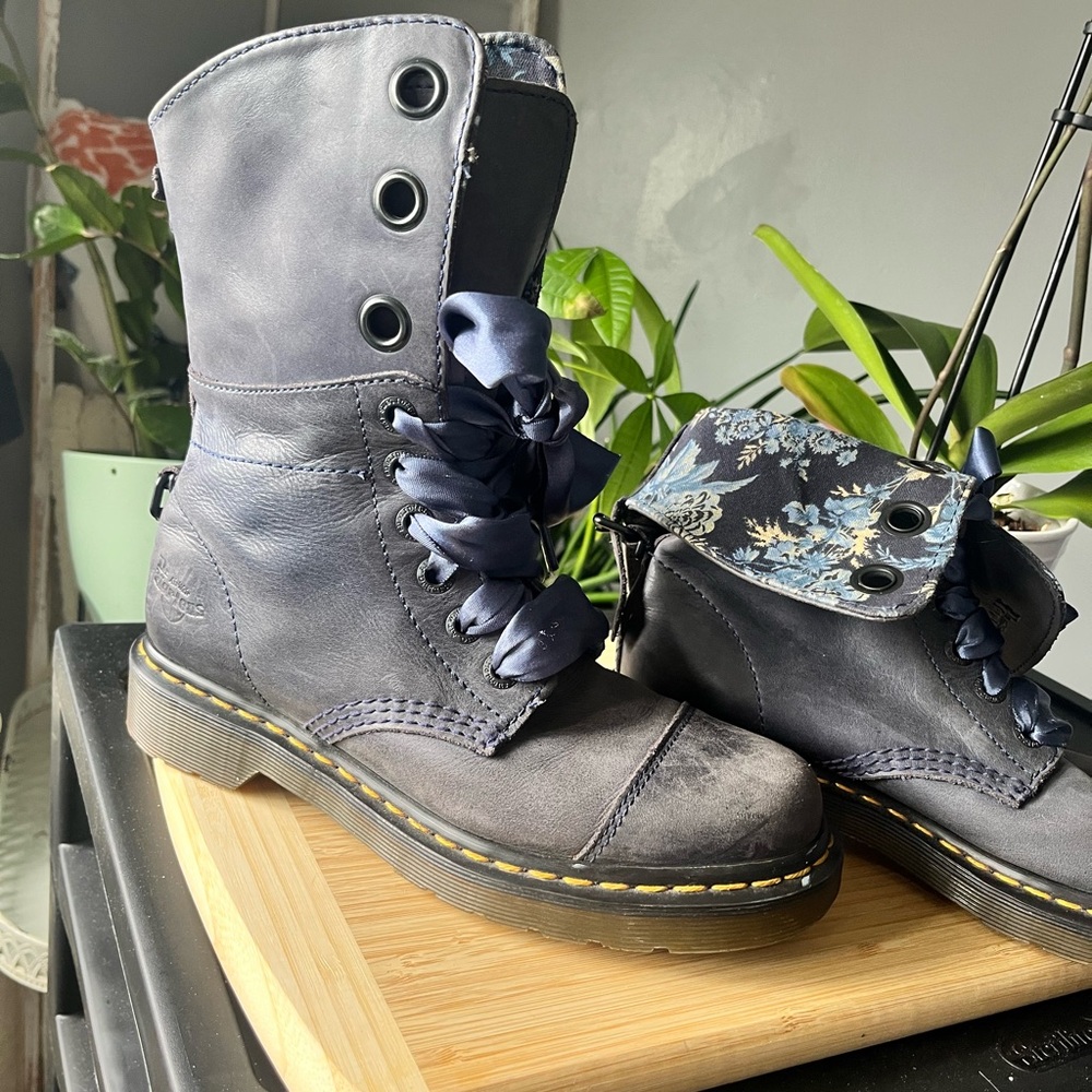 Dr. Martens Navy Floral Accent Lace-Up Combat Boots